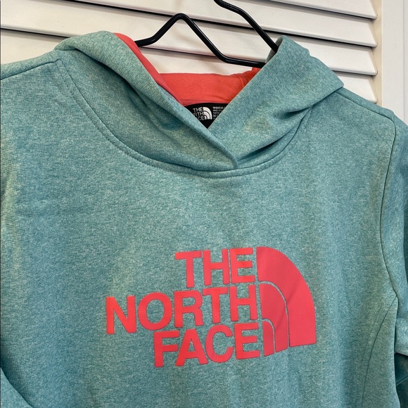 The North Face Tops - The North Face Teal Hoodie Front Pocket Coral Logo & Hood Lining Size M